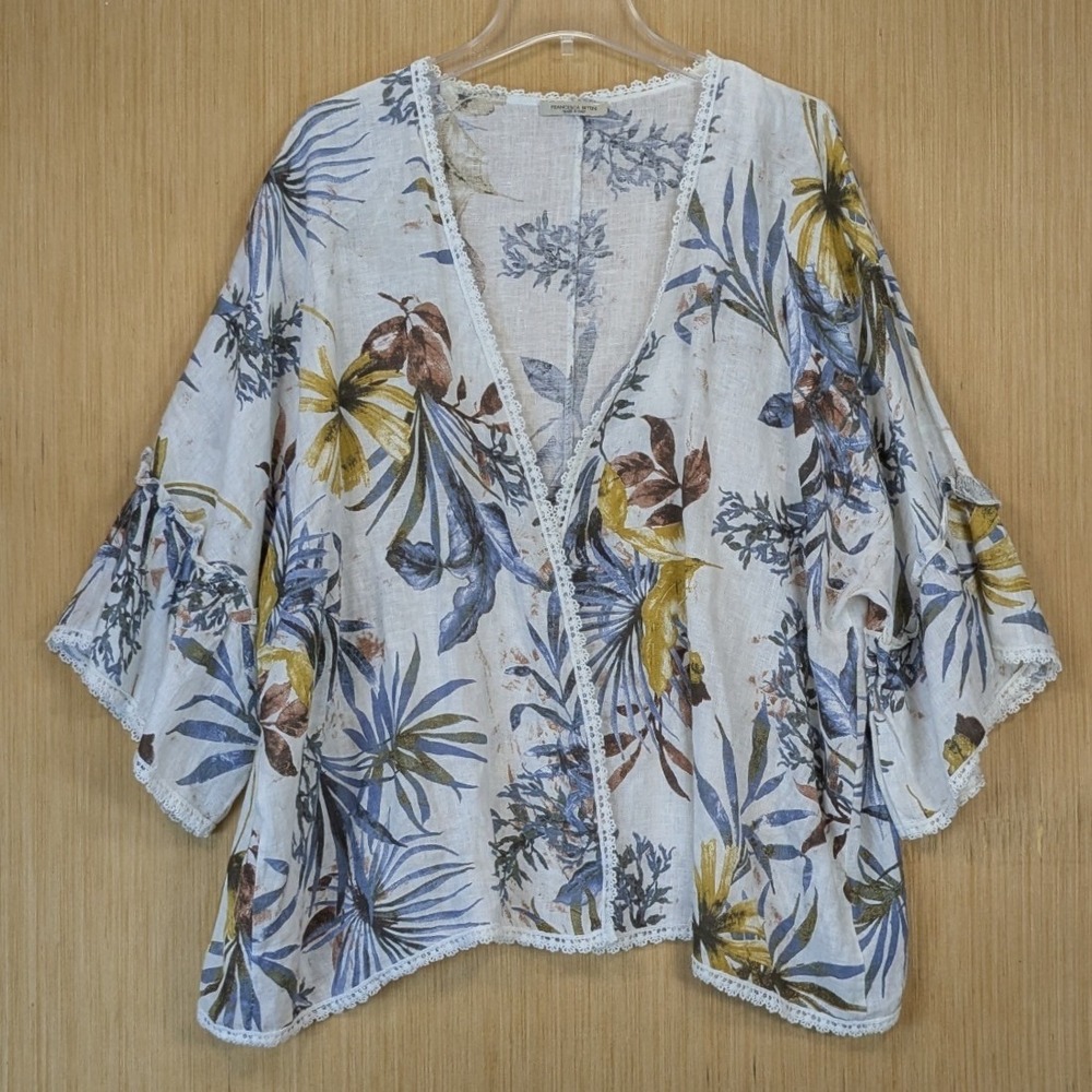 Francesca Bettini Italy 100% Linen Tropical Floral Lace Trim Kimono Top One Size